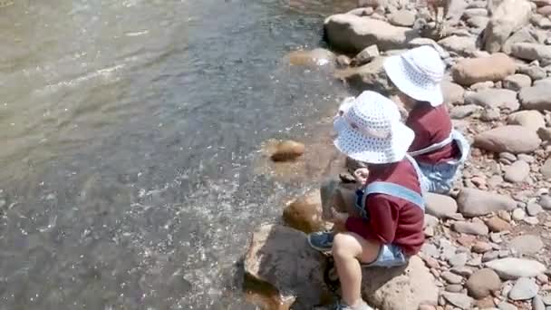 川のそばの岩の上に座っている2人の女の子が夏の日に魚を食べるのを楽しんでいた 休暇中の家族旅行 — ストック動画