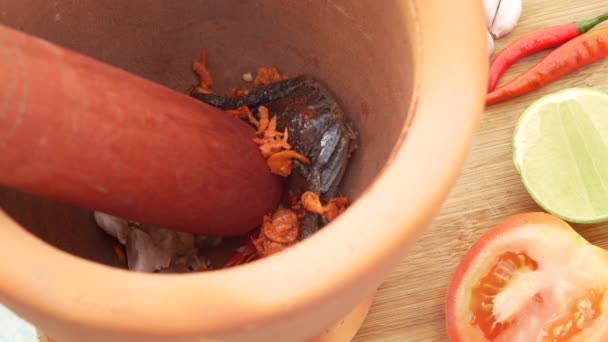 Processo Cottura Papaya Insalata Con Granchio Sottaceto Pesce Cibo Tailandese — Video Stock