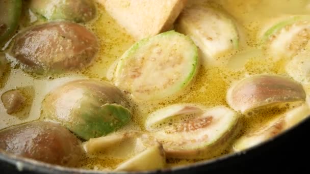 Gătitul Aproape Curry Verde Pui Adăugând Vinete Proaspete Thailandeze Verzi — Videoclip de stoc