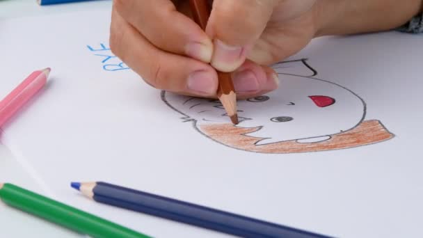 Detailní Záběr Ruky Namalované Barevnou Tužkou Vyobrazení Usměvavé Dívky Ukazující — Stock video