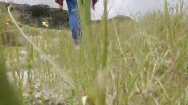 Ulusal Park 'ta doğa ile birlikte yürüyen ve eğlenen arka plandaki kadın gezginin yakın çekimi..