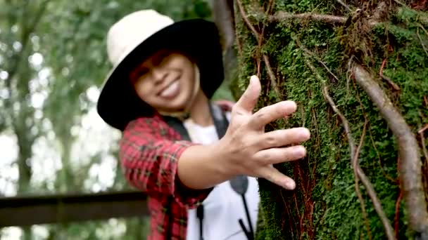 Frau Umarmt Alten Baum Sanft Mit Einem Lächeln Wald Naturschutzkonzept — Stockvideo