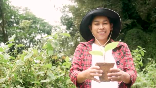Bebek Çantasında Fideleri Büyüten Asyalı Bir Kadın Doğa Koruma Kavramı — Stok video