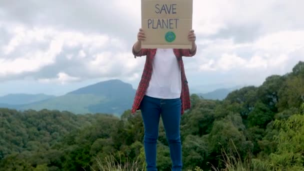 Volunteers Holding Nature Conservation Banner Forest Concept World Environment Day — Stock Video