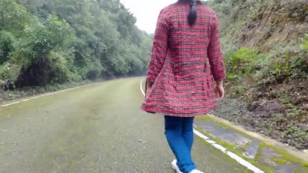 Kadın Gezgin Doğa Arasında Asfalt Yolda Yürüyor Rahatlıyor — Stok video