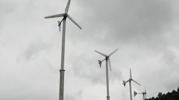Вітрові Турбіни Обертаються Фоні Хмарного Неба Сезон Дощів Виробництво Зеленої — стокове відео
