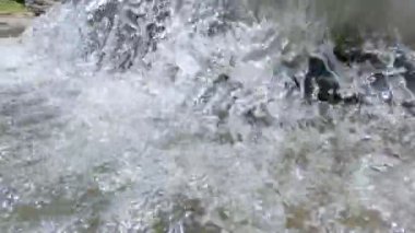 Yeşil yaz ormanında küçük bir şelale. Ulusal parkta yosun kaplı taşlarla akan temiz akarsu..