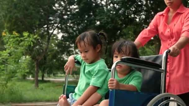 Mère Poussant Fille Fauteuil Roulant Détendre Sur Route Dans Parc — Video