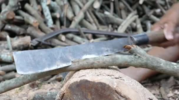 Homem Sênior Asiático Cortando Madeira Fogo Por Uma Grande Faca — Vídeo de Stock