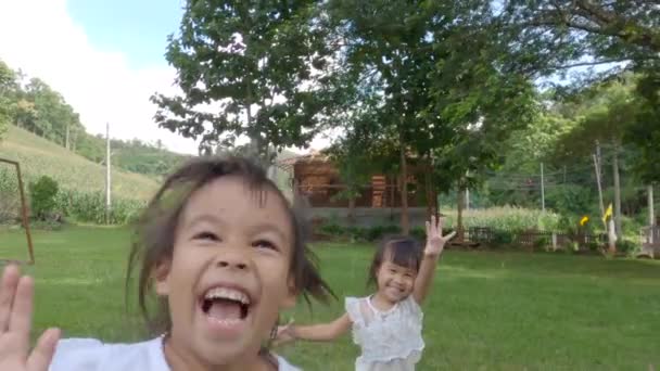 Šťastní Dva Sourozenci Dívky Baví Trávě Pole Parku Venkovní Koncept — Stock video