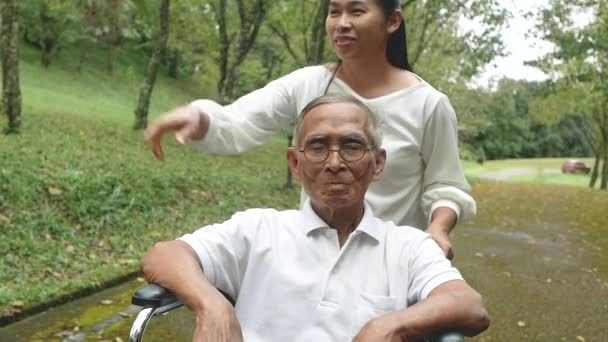 Ευτυχισμένος Χαμογελαστός Παππούς Αναπηρική Καρέκλα Χαλαρώνοντας Και Περπατώντας Την Εγγονή — Αρχείο Βίντεο
