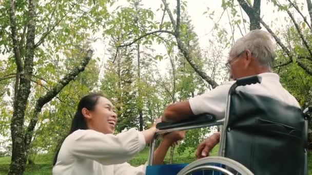공원을 여행하면서 휠체어에 할아버지를 돌보며 미소짓는 할머니의 — 비디오