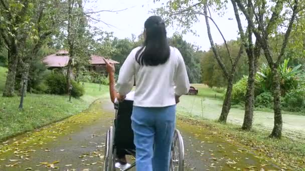 휠체어를 긴장을 손녀와 밖에서 산책하면서 즐거운 할아버지의 모습을 보여준다 가정생활 — 비디오