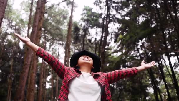 Çam Ormanında Kaldırmış Tatilde Doğanın Tadını Çıkaran Genç Bir Kadın — Stok video