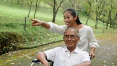 Mutlu büyükbaba tekerlekli sandalyede rahatlıyor ve torunuyla parkta yürüyor. Aile mutlu bir yaşam tarzı.