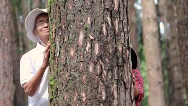 父親のいる大人の娘が木を抱きかかえて森の中で微笑んだ 森林破壊から木を守る人々との地球の日の概念 — ストック動画