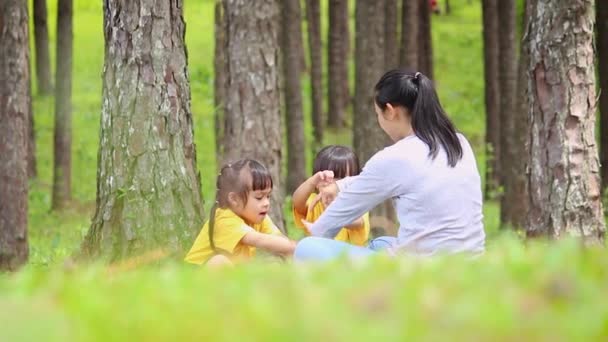 快乐的母亲和孩子们坐在花园里绿色的草坪上玩耍 放松时间和家庭关系的概念 — 图库视频影像