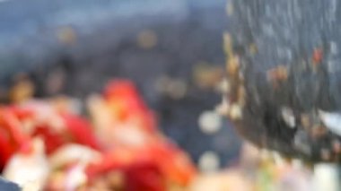 Havan topuna sarımsak ve kırmızı biber dolduruyorum. Tayland yemekleri konsepti.