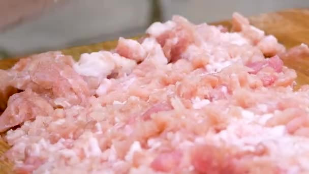 Mutfakta Pişirmek Için Bıçakla Kesilmiş Çiğ Domuz Etini Doğrarken Insan — Stok video