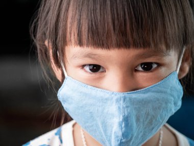 Koronavirüs enfeksiyonu, hastalık ve pm2.5 (hava kirliliği) gibi hastalıklardan korunmak için yüz maskesi takan Asyalı kız çocuğu. Yeni normal davranış.