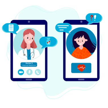 Evden bir doktorla cep telefonuyla konuşan genç bir kadın. Teletıp kavramı, salgın sırasında uzak danışmanlık hizmeti. Doktor ve hasta internette tanışıyor..