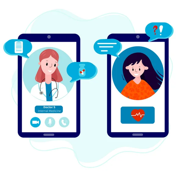 Evden bir doktorla cep telefonuyla konuşan genç bir kadın. Teletıp kavramı, salgın sırasında uzak danışmanlık hizmeti. Doktor ve hasta internette tanışıyor..