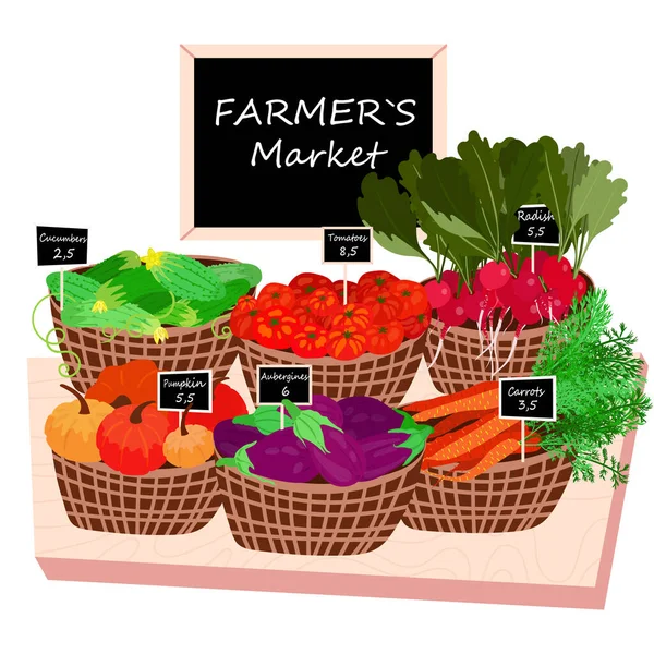 Wicker basket with fresh vegetables. Local veggie harvest for farmers market. Organic food as Aubergine, Tomato, cucumber. Agriculture summer set with pumpkin, carrot, radish. — Stock Vector