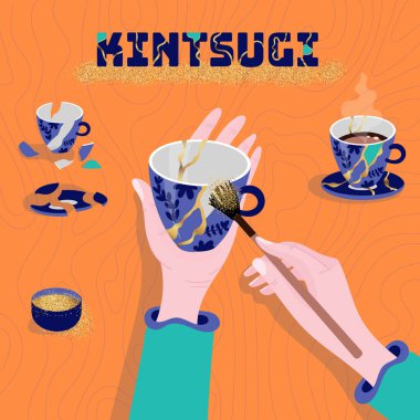 Kintsugi Japon sanatı, kırık çömleği altın kaplamayla onarmak için. Eski geleneksel yemek hobisi..