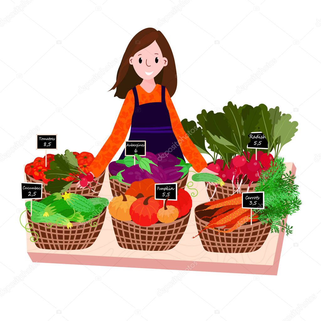 Farmer selling fresh vegetables on market stall. Woman with organic product in marketplace. Owner with local village harvest. Happy saleswoman in apron standing in store with tomatoes, cucumbers.