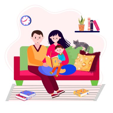 Aile evde kalıp kitap ya da peri masalı okur. Annemle babam kanepede oğlumla oturup kitap okuyorlar. Ebeveynler ve çocuklar birlikte zaman geçirirler. Çift çocuk yetiştirme.