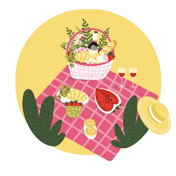 Picnic basket with fruit, croissant, bottle of wine, flowers on the blanket. Summer Outdoor leisure in park with watermelon, fresh bread. Top view on wicker basket, baguette, strawberries. — Stock Vector