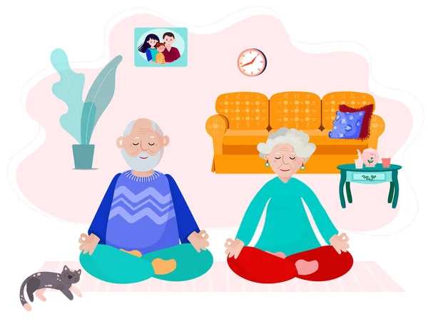 Yaşlı çift evde kalıp yoga yapıyor. Yaşlı adam ve kadın odada meditasyon yapıyorlar. Dedelerle nineler birlikte egzersiz yapar. Büyükannem ve büyükbabam rahat iç mekanlarda farkındalık üzerine çalışıyorlar..