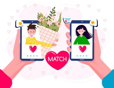 Romantik ilişki aramak ya da çıkmak için online başvuru. Kadın ve erkek profili olan eller telefonları tutar. Çift eşleşmesi ve internet buluşması.