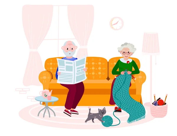 Casal velho sentado no quarto, tempo de família. A senhora está a tricotar uma colcha de quintal. O velhote feliz está a ler o jornal. Esposa e marido tem hobby relaxamento . — Vetor de Stock