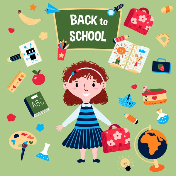 Back To School Banner με μια μαθήτρια με στολή. Μικρό παιδί με ροζ τσάντα. Εκπαίδευση διακοσμητικά στοιχεία για νηπιαγωγείο, όπως υδρόγειο, χάρακα, μοιρογνωμόνιο, κασετίνα με στυλό, ABC βιβλίο, μεσημεριανό κουτί. — Διανυσματικό Αρχείο