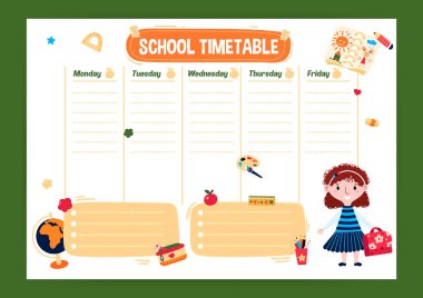 Şablon okul takvimi, haftanın İngilizce günü. Öğrenciler için hoş bir program ya da okul üniformalı ve çantalı çocuklar için. Dekoratif öğeler içeren haftalık ders çizelgeleri. Günlük Eğitim Planı.