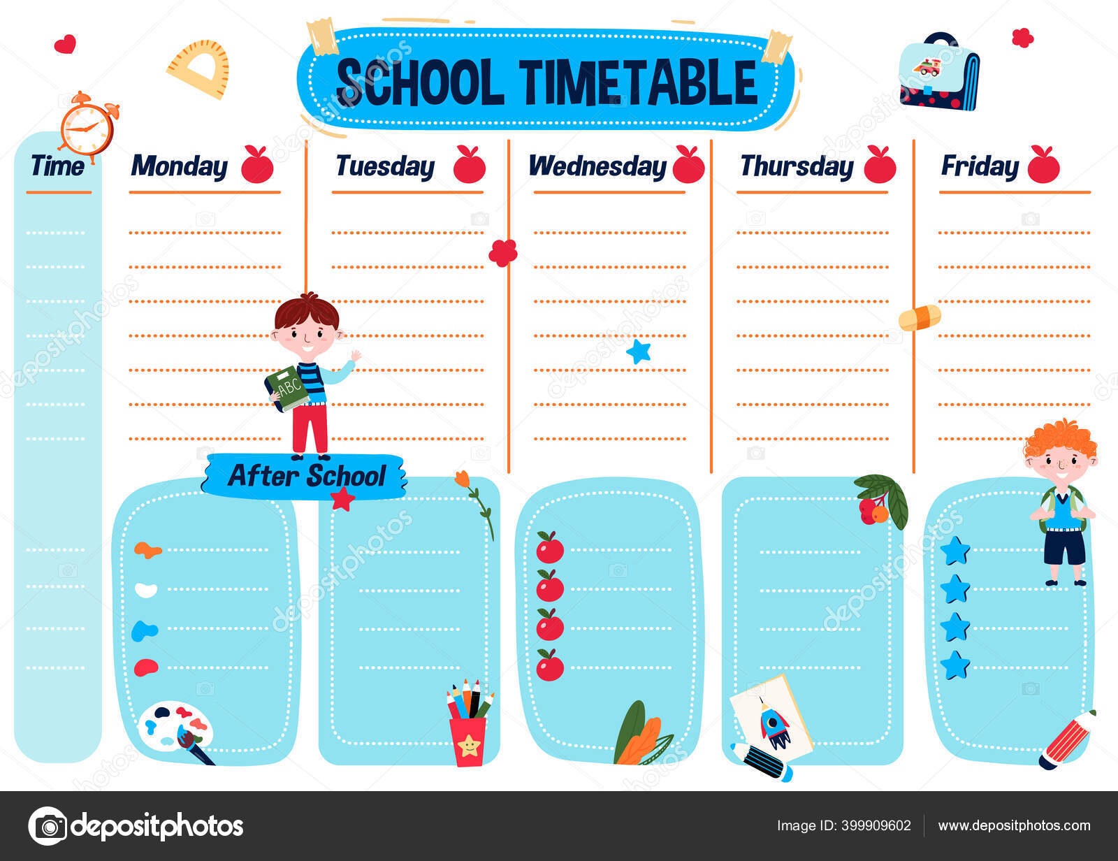 儿童可打印的计划列表。学生的学校时间表。课后每周的课程表和课程安排.教育规划师。有可爱图表的大学的组织者. 图库矢量图©Elena_y78  399909602, image size:1600x1232