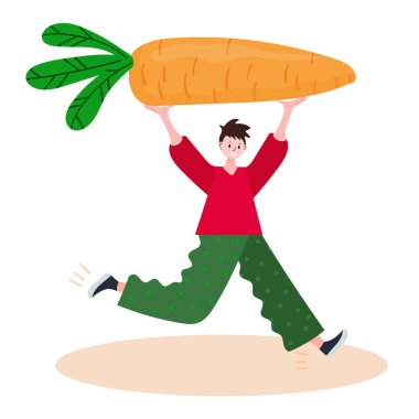 Organik yerel sebze teslimatı kavramı. Kurye dev havuçla koşuyor. Çiftçi vejetaryeni süpermarkete götürme konusunda çok hızlısın. Çevre yiyecekleri karakteri.