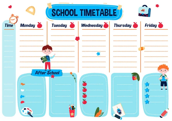 Liste de planification imprimable pour les enfants. Horaire scolaire pour les étudiants. Horaire hebdomadaire des leçons et des programmes après l'école. Planificateur d'éducation. Organisateur pour collège avec graphique mignon. — Image vectorielle