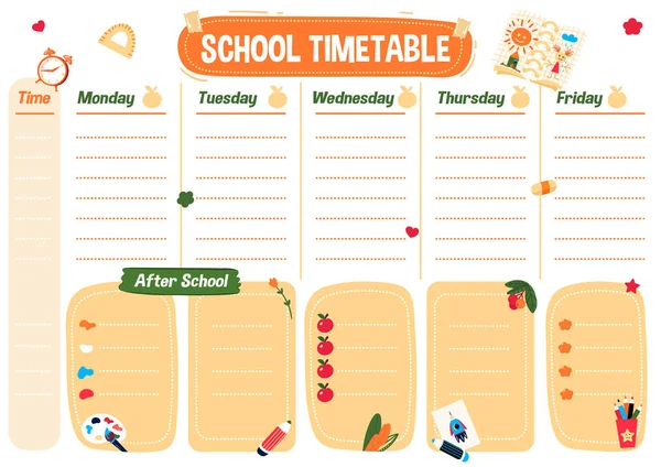 School planning lijst. Afdrukbare kunst tijdschema voor kinderen en studenten. Wekelijks lesrooster en programma na school. Organisator voor kinderen tijdens het onderwijs. Planner voor college met schattige grafiek. — Stockvector