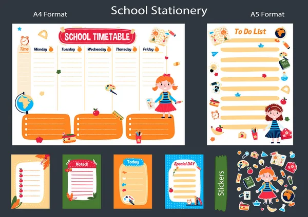 Autocollants pour enfants Memo imprimables. Planificateur de semaine en anglais. Horaire Programme après l'école et liste des corvées. Mignon plan de cours d'éducation. Bloc-notes pour enfants avec horaire des leçons scolaires. Liste de choses à faire — Image vectorielle