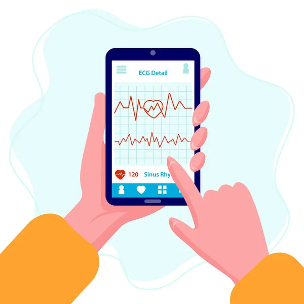 ECG-toepassing met hartslaglijn. Mobiele computer met hartdiagnose op display. Gezondheidszorg interface voor noodgevallen. — Stockvector