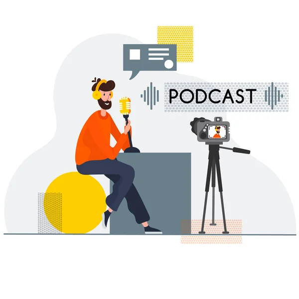 Vlogger sitting in abstract chair and recording Podcast. Live streaming. Blogger in headset with microphone broadcasting on camera. Journalist is in studio. Male Radio host. — Stock Vector