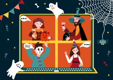 Halloween online party. Virtual meet group to celebrate festival. People in horror costume have video conference from home. Friends spend time together on video call. New normal life. clipart