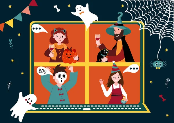 Festa online di Halloween. Incontro virtuale di gruppo per celebrare il festival. Le persone in costume horror hanno una videoconferenza da casa. Gli amici passano del tempo insieme in videochiamata. Nuova vita normale. — Vettoriale Stock