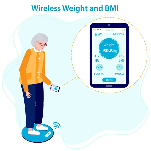 Oudere vrouwelijke patiënt die haar gewicht en BMI meet op een draadloze weegmachine die synchroniseert met de mobiele toepassing. Helpt patiënten en hun artsen om gewicht te meten en te controleren. — Stockvector