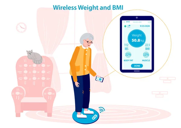 Seniorin misst ihr Gewicht und ihren BMI auf einer drahtlosen Wiegemaschine. Mobile Anwendung synchronisiert sich mit Waage. Hilft älteren Damen und ihren Ärzten, Gewicht zu messen und zu überwachen. — Stockvektor