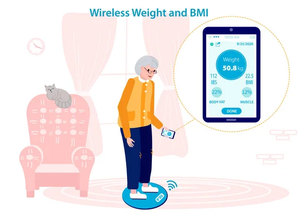 Kablosuz ağırlık makinesinde kilosunu ve BMI 'sini ölçen yaşlı bir kadın. Mobil uygulama tartı ile senkronize edilir. Yaşlı bayana ve doktorlarına kilolarını ölçmeleri ve izlemeleri için yardım eder.