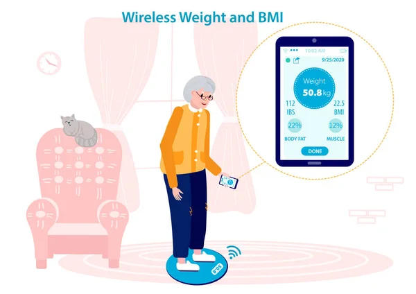 Mujer mayor midiendo su peso e IMC en una máquina de pesaje inalámbrica. La aplicación móvil se sincroniza con la báscula de pesaje. Ayuda a la anciana y a sus médicos a medir y controlar el peso. — Vector de stock