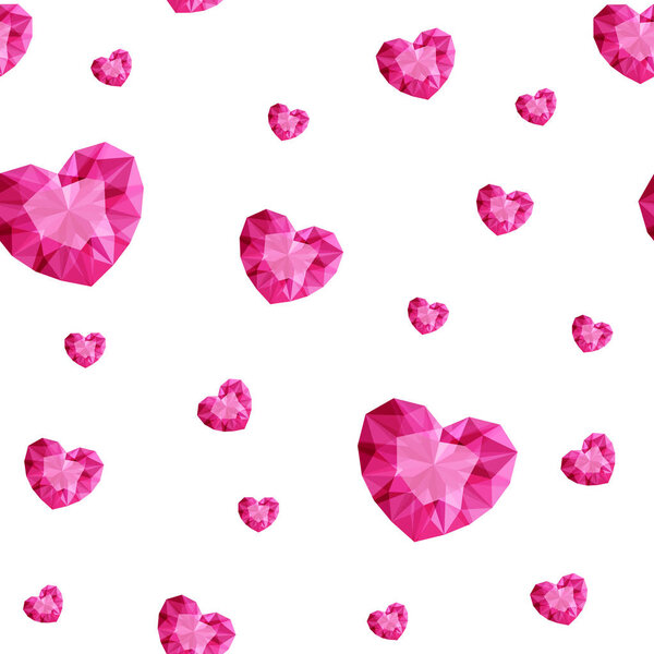 Heart pink diamonds seamless pattern for Valentines Day, vector illustration shiny gem stones isolated on white background